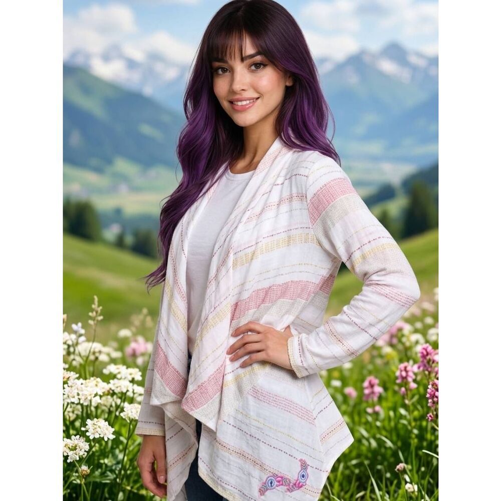 🍑Cato Ivory Striped Lightweight Adjustable Roll Tab Long Sleeve Duster Large